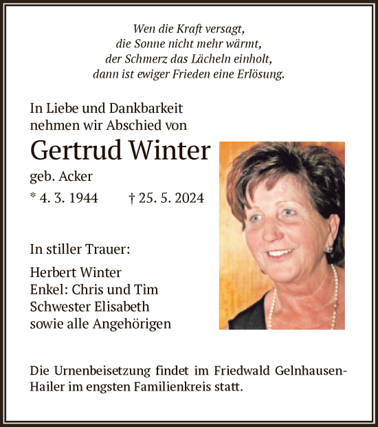 Traueranzeige von Gertrud Winter von OF