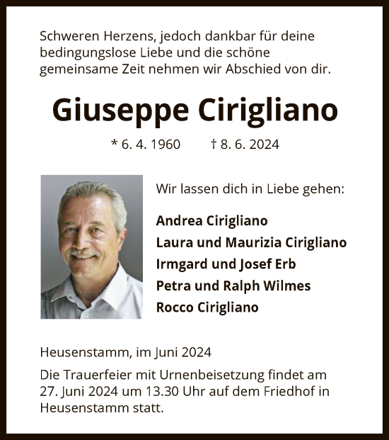 Traueranzeige von Giuseppe Cirigliano von OF