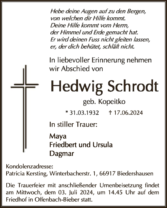 Traueranzeige von Hedwig Schrodt von OF