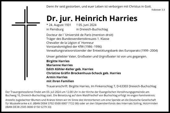 Traueranzeige von Heinrich Harries von OF