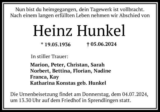 Traueranzeige von Heinz Hunkel von OF