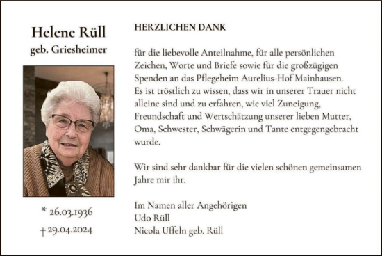 Traueranzeige von Helene Rüll von OF