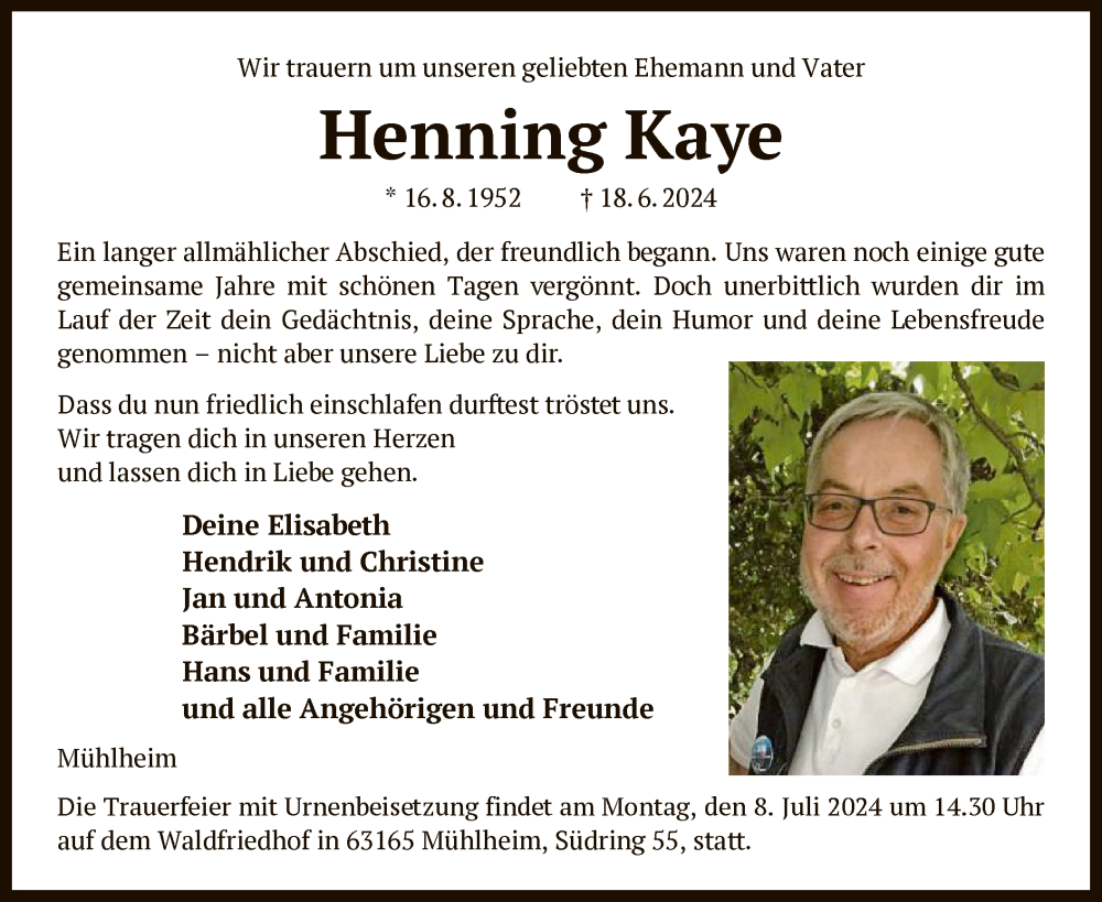  Traueranzeige für Henning Kaye vom 29.06.2024 aus OF