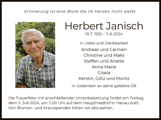 Traueranzeige von Herbert Janisch von OF