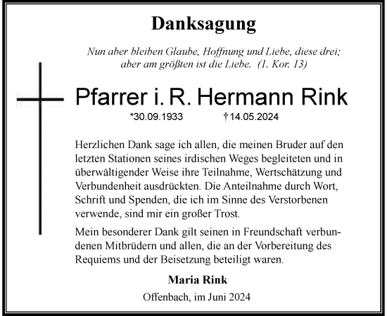 Traueranzeige von Hermann Rink von OF