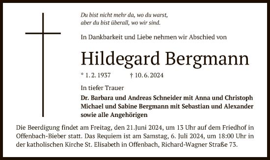 Traueranzeige von Hildegard Bergmann von OF