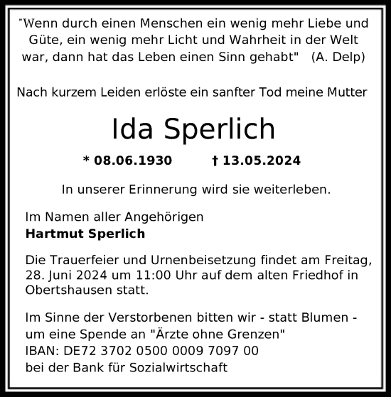 Traueranzeige von Ida Sperlich von OF