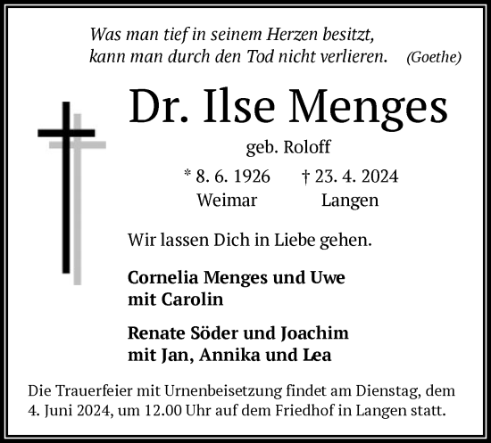 Traueranzeige von Ilse Menges von OF