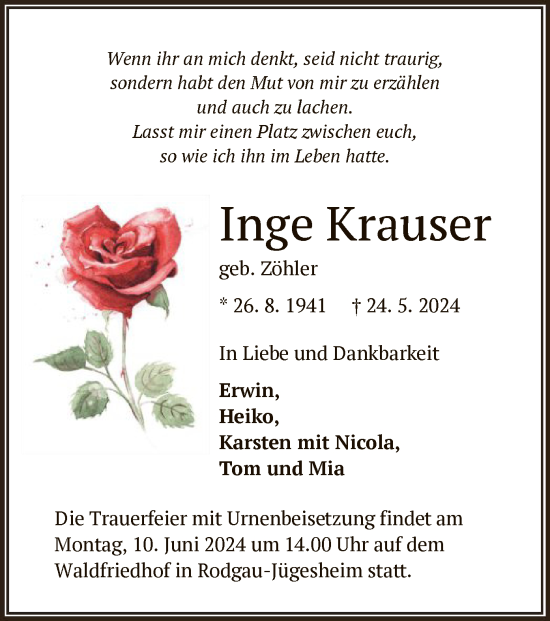 Traueranzeige von Inge Krauser von OF