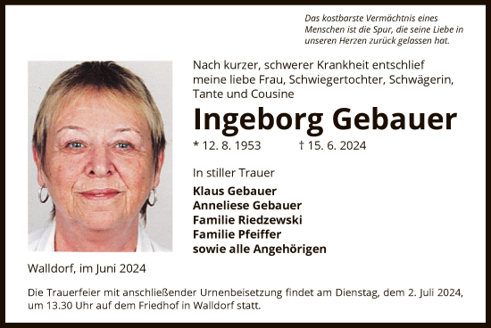 Traueranzeige von Ingeborg Gebauer von OF