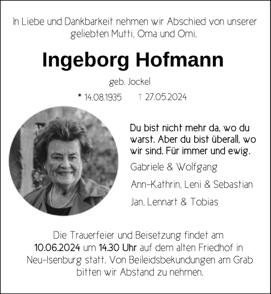 Traueranzeige von Ingeborg Hofmann von OF