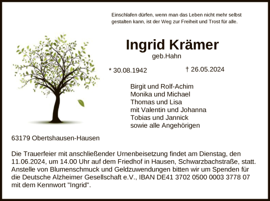 Traueranzeige von Ingrid Krämer von OF