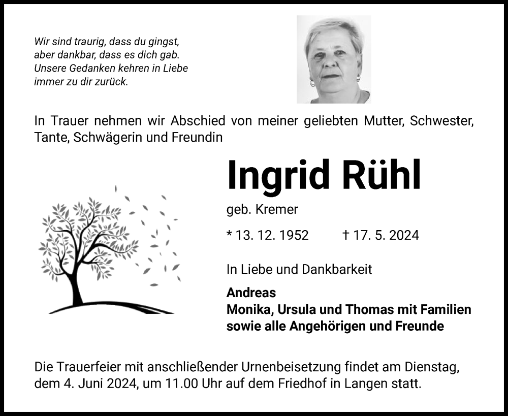  Traueranzeige für Ingrid Rühl vom 01.06.2024 aus OF