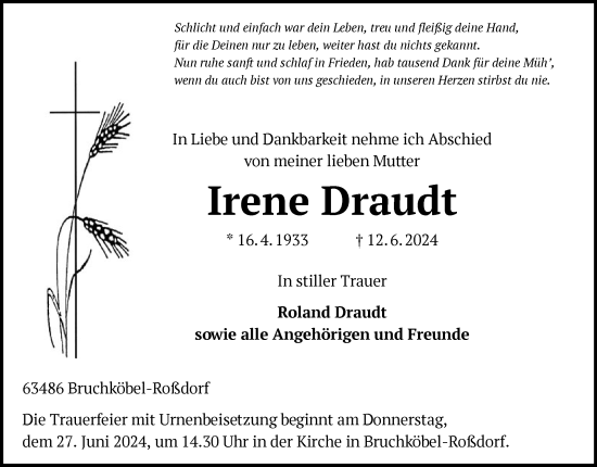 Traueranzeige von Irene Draudt von OF