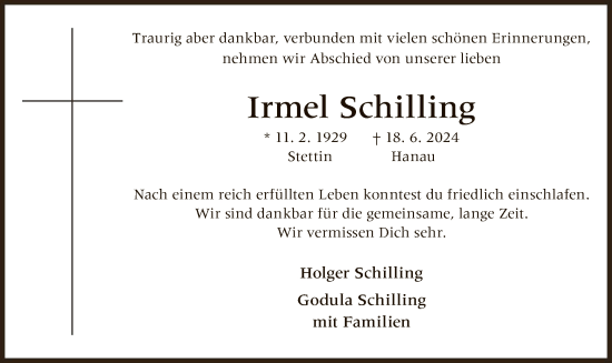 Traueranzeige von Irmel Schilling von OF