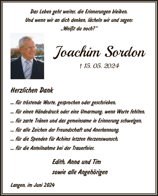 Traueranzeige von Joachim Sordon von OF