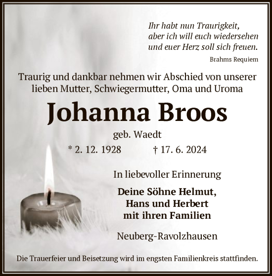 Traueranzeige von Johanna Broos von OF