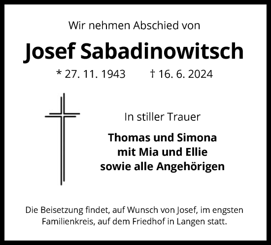 Traueranzeige von Josef Sabadinowitsch von OF