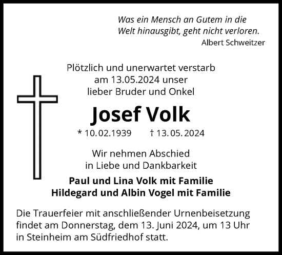 Traueranzeige von Josef Volk von OF