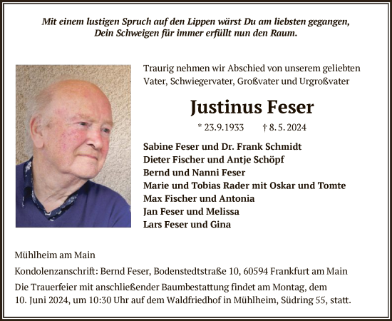 Traueranzeige von Justinus Feser von OF