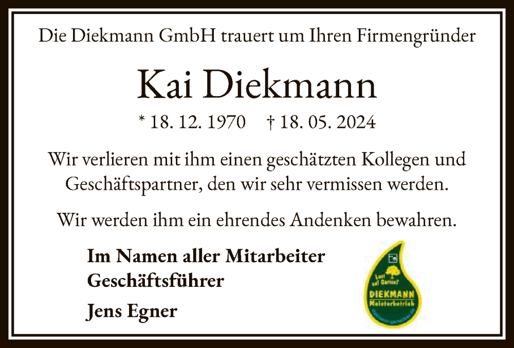  Traueranzeige für Kai Diekmann vom 01.06.2024 aus OFOF