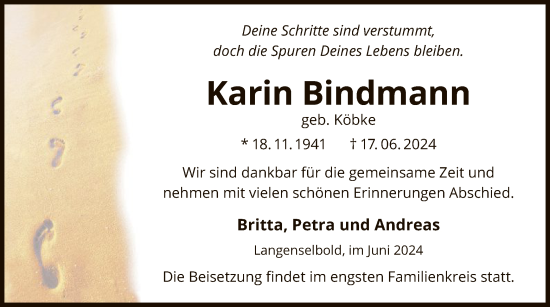 Traueranzeige von Karin Bindmann von OF