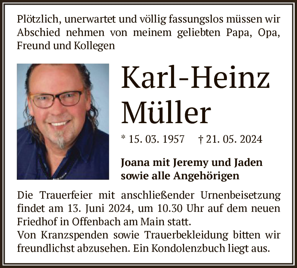  Traueranzeige für Karl-Heinz Müller vom 08.06.2024 aus OF