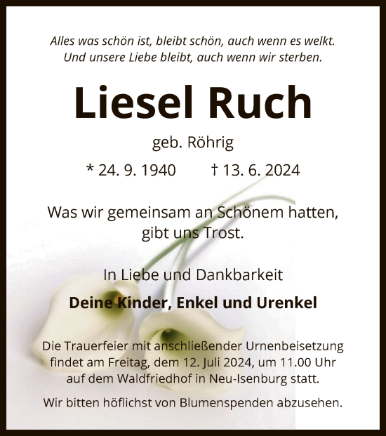 Traueranzeige von Liesel Ruch von OF