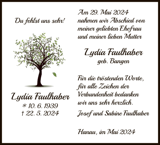 Traueranzeige von Lydia Faulhaber von OF