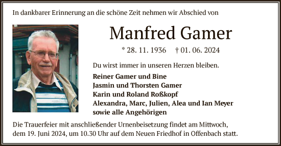 Traueranzeige von Manfred Gamer von OF