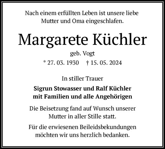 Traueranzeige von Margarete Küchler von OF