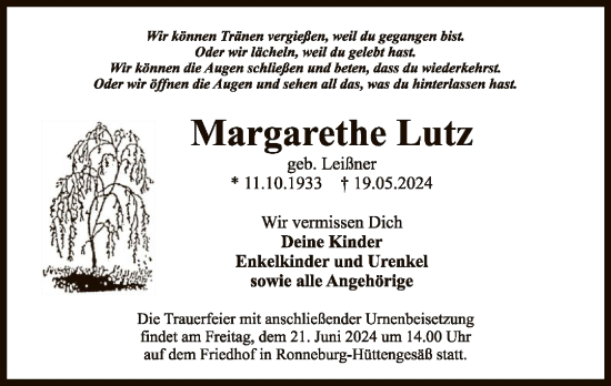 Traueranzeige von Margarethe Lutz von OF