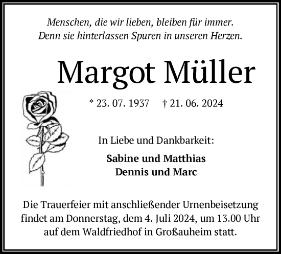 Traueranzeige von Margot Müller von OF