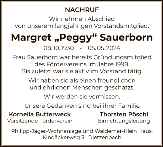 Traueranzeige von Margret  Sauerborn von OF