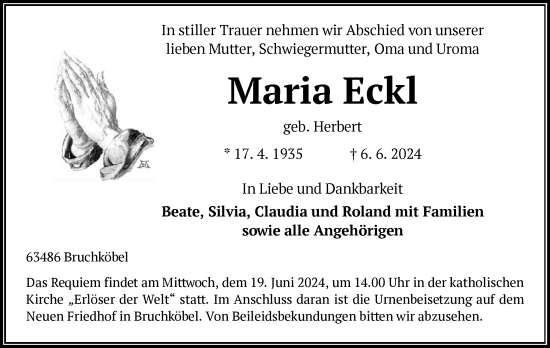 Traueranzeige von Maria Eckl von OF