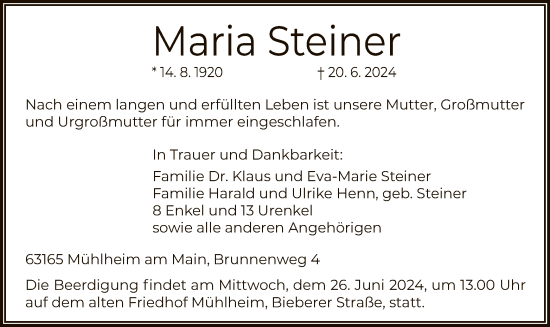 Traueranzeige von Maria Steiner von OF