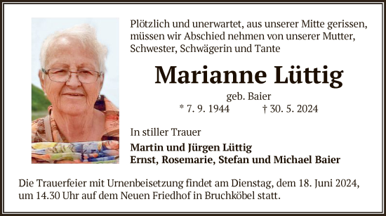 Traueranzeige von Marianne Lüttig von OF