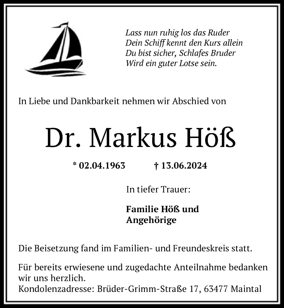  Traueranzeige für Markus Höß vom 29.06.2024 aus OF