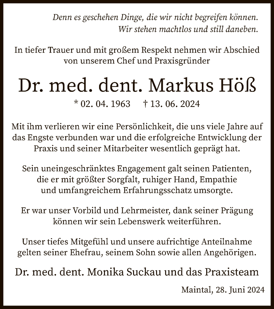  Traueranzeige für Markus Höß vom 29.06.2024 aus OF