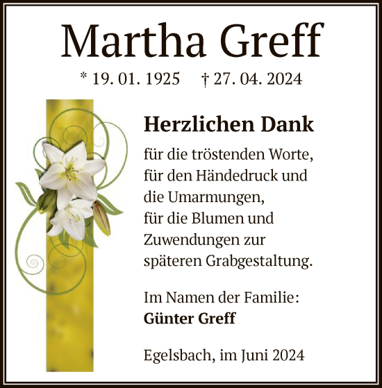 Traueranzeige von Martha Greff von OF