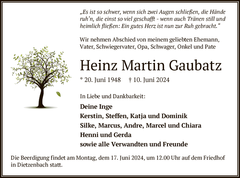  Traueranzeige für Martin Gaubatz vom 15.06.2024 aus OF