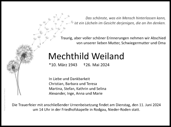 Traueranzeige von Mechthild Weiland von OF