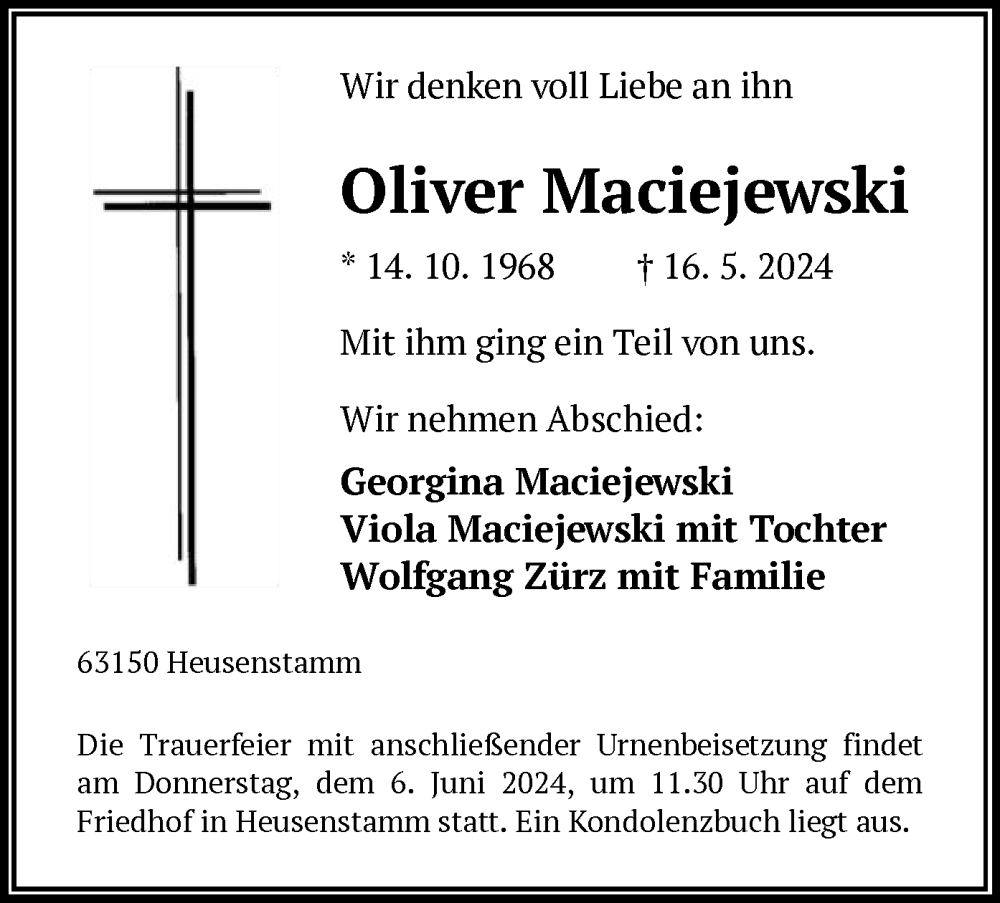  Traueranzeige für Oliver Maciejewski vom 01.06.2024 aus OF