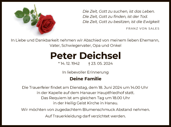 Traueranzeige von Peter Deichsel von OF