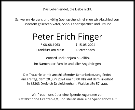 Traueranzeige von Peter Erich Finger von OF