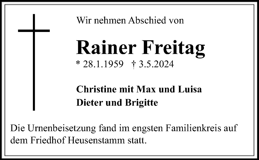  Traueranzeige für Rainer Freitag vom 15.06.2024 aus OF