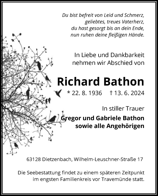 Traueranzeige von Richard Bathon von OF