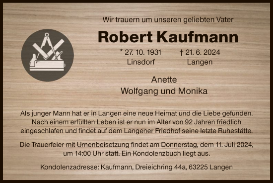 Traueranzeige von Robert Kaufmann von OF