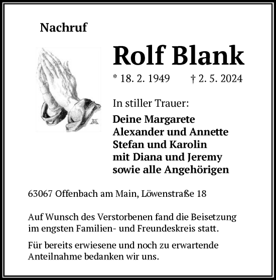 Traueranzeige von Rolf Blank von OF