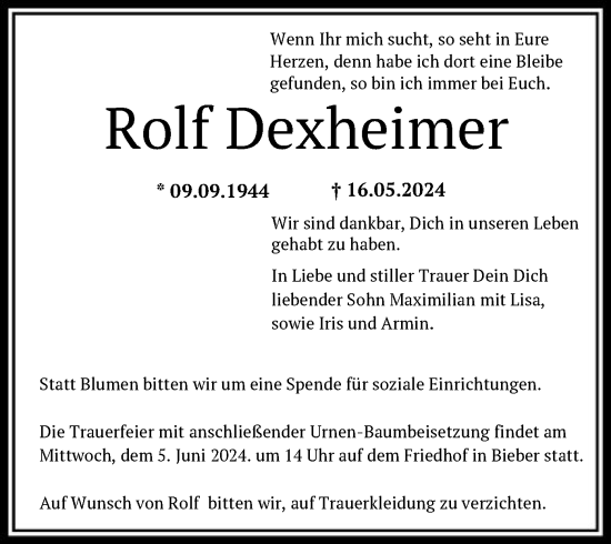 Traueranzeige von Rolf Dexheimer von OF